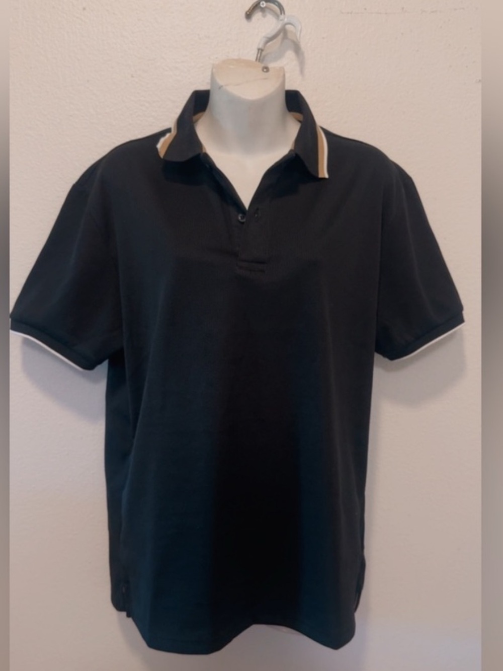 Men's Black Polo with Contrast Tan-Trim Collar